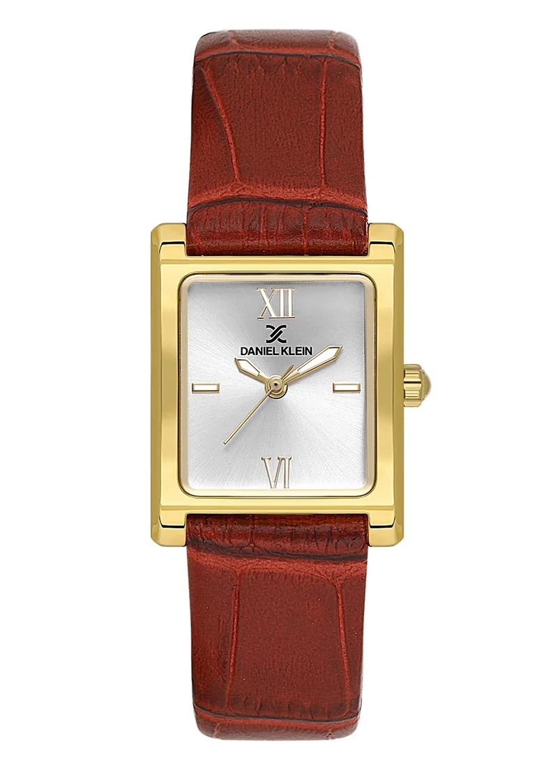 DANIEL KLEIN Women's Leather Gold Alloy Case Analog Silver Square Sunray Dial Japanese Quartz Premium 30 Meters Water Resistant